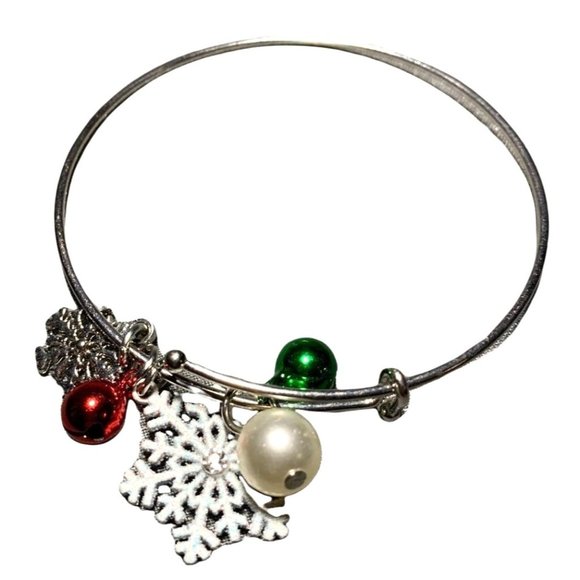 Independent Christmas Snowflake Beaded Charm Bangle Bracelet Holiday Jewelry - Picture 2 of 2